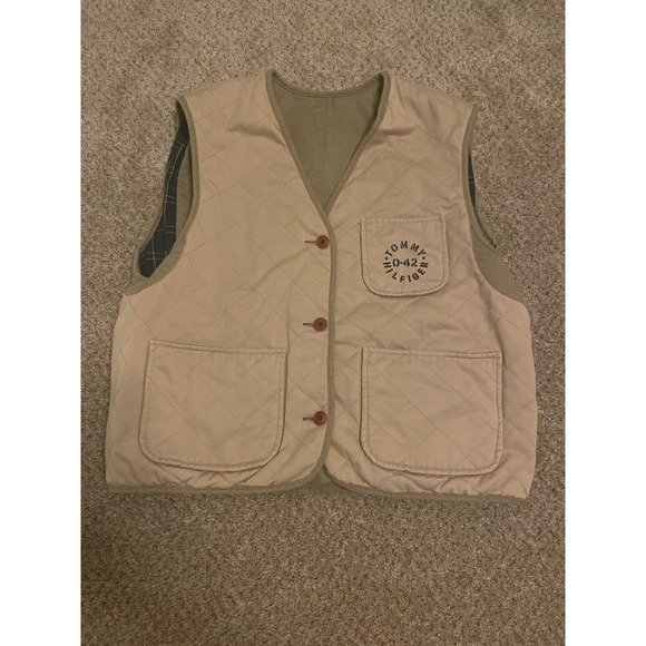 Tommy Hilfiger Other - Tommy Hilfiger Men Vest L‎ Tan Reversible Quilt Plaid Button Front Vintage Stain